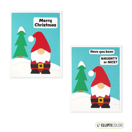 Two Christmas-themed  greeting cards with Santa gnomes and text on a white background
