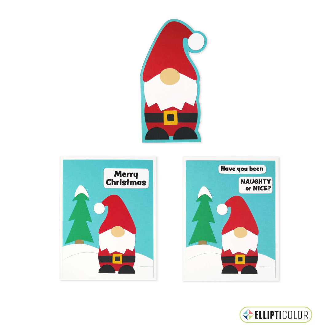 Set of three Christmas-themed cards with Santa gnomes and text on a white background