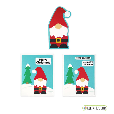 Set of three Christmas-themed cards with Santa gnomes and text on a white background