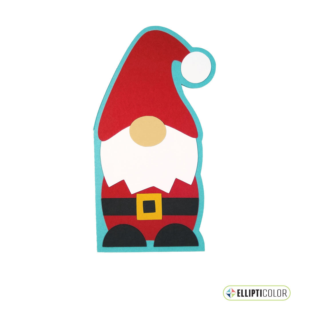 Santa gnome shaped greeting card with a red hat and white beard on a white background.
