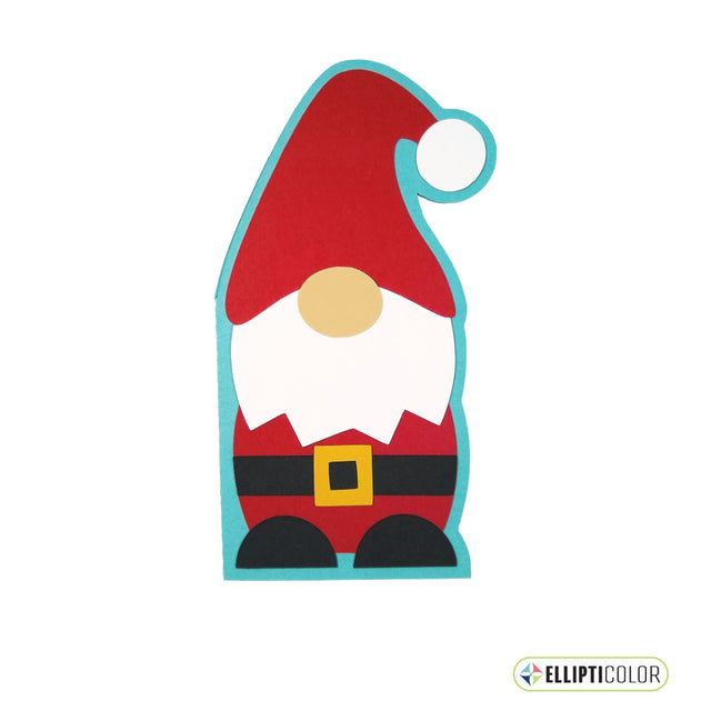 Santa gnome shaped greeting card with a red hat and white beard on a white background.