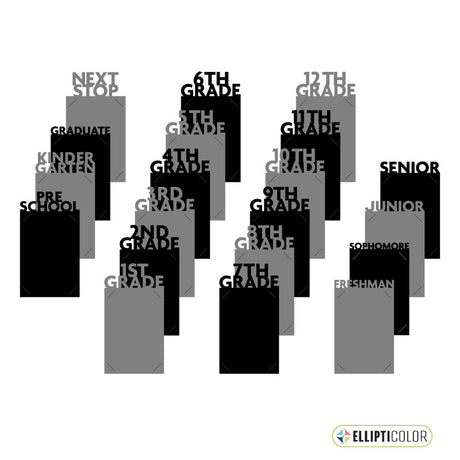Collage of 20 photo insert frames in black and gray topped with school year themed words