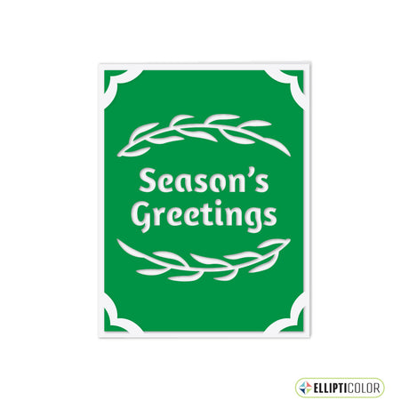 Green greeting card with 'Season's Greetings' text and white leaf designs on a white background