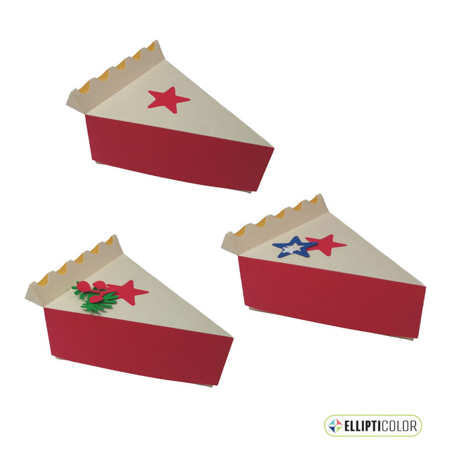 Paper craft pie shaped boxes with a star cut out of the top crust and red pie filling.