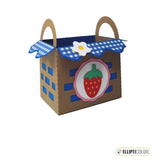 Strawberry themed empty treat basket made from brown card stock with a blue and white checked liner