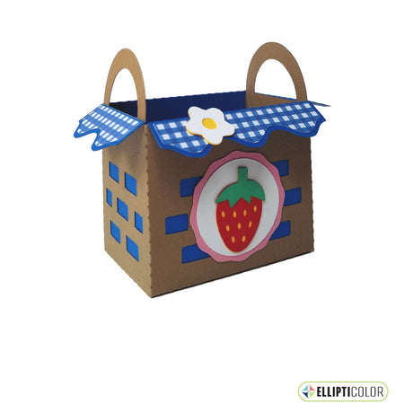 Strawberry themed empty treat basket made from brown card stock with a blue and white checked liner