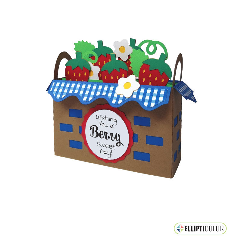 3D greeting card shaped like a basket full of strawberries with a blue and white checkered basket liner