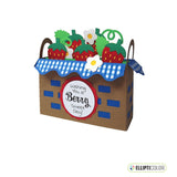3D greeting card shaped like a basket full of strawberries with a blue and white checkered basket liner