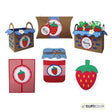 Strawberry themed paper crafted basket, pillow box, and four greeting cards