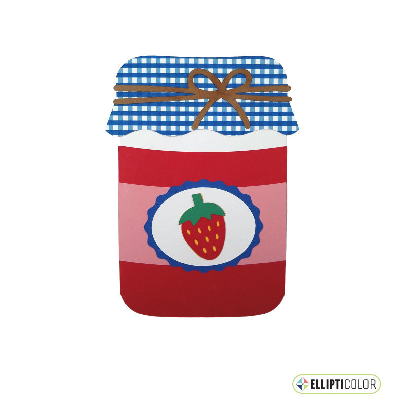 Greeting card shaped like a jar of strawberry jam with a cloth lid tied with twine