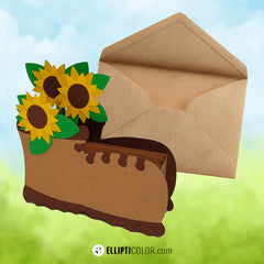 Pop-up box card with a work boot full of sunflowers design and a brown envelope.