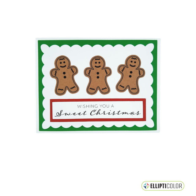 Christmas card with gingerbread men and text 'Wishing you a sweet Christmas' on a green border.