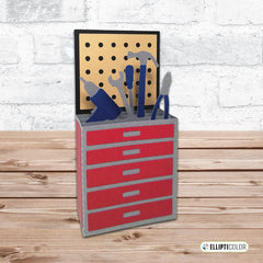 Red tool box pop up greeting card with tools on a wooden surface and white brick wall background